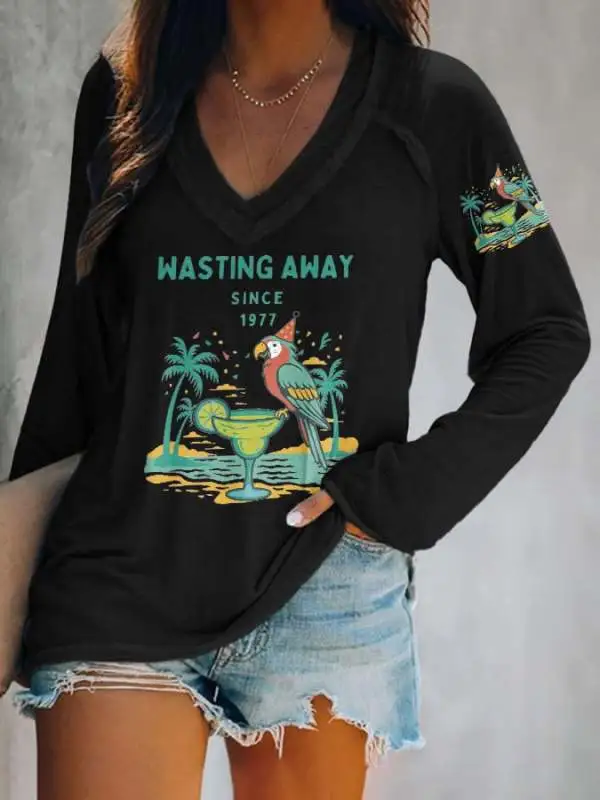 V-neck Retro Parrot Margarita Wasting Away Since 1977 Print T-Shirt