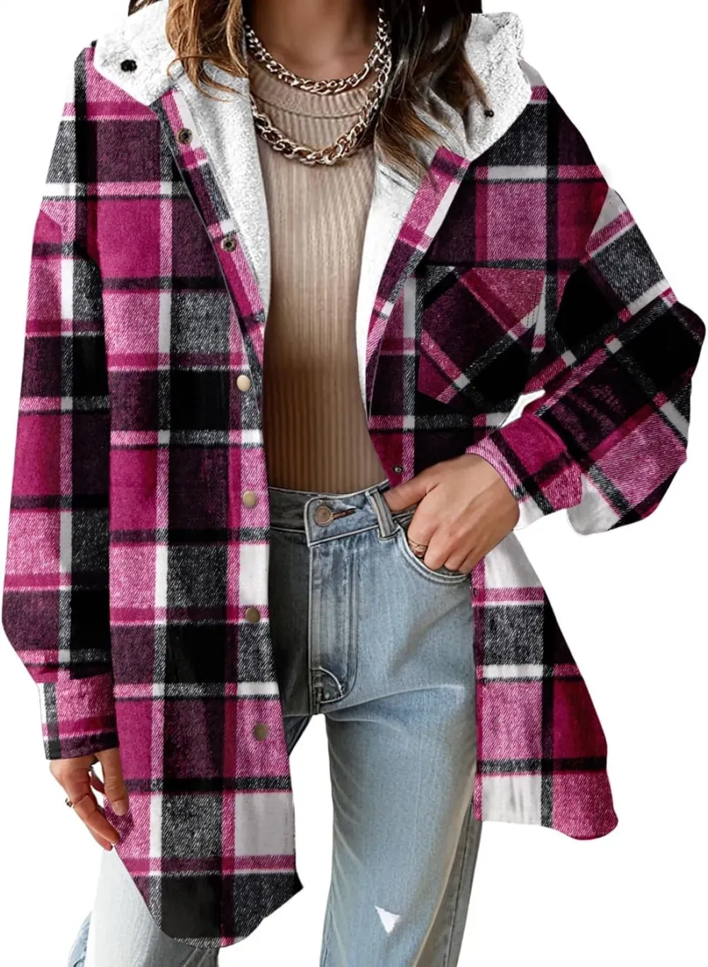 Women's Flannel Hooded Plaid 2025 Shacket Thick Coat Winter Coat for Warmth Button down Warm and Fuzzy Fleece Jacket