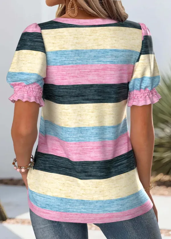 Multi Color Striped Short Sleeve Square Neck T Shirt