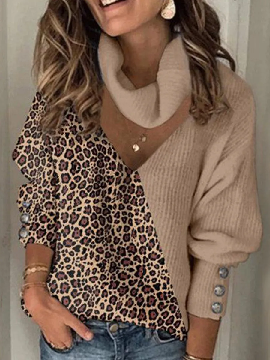 Color Block Leopard Turtleneck Casual Sweaters
