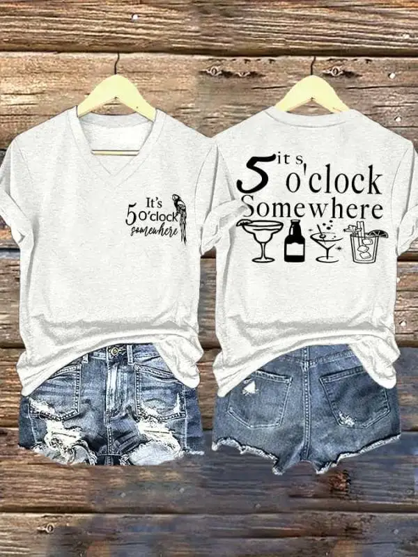 V Neck Retro 5 O'clock Print T-Shirt