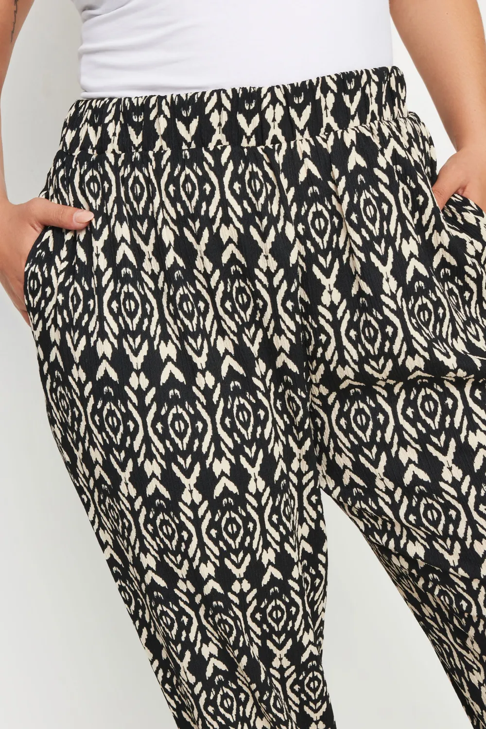 YOURS Curve Yellow Ikat Print Textured Cropped Harem Trousers
