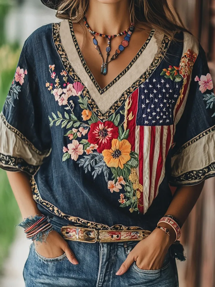 Women's Independence Day Flag Floral Embroidered Three-quarter Sleeves T-shirt