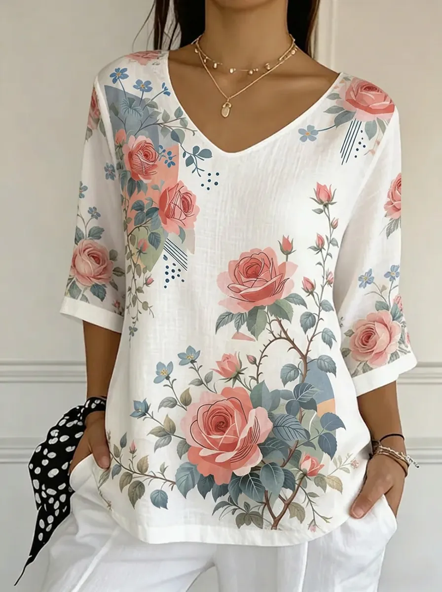 Women's Nashville Floral Rose Printed V-neck Top