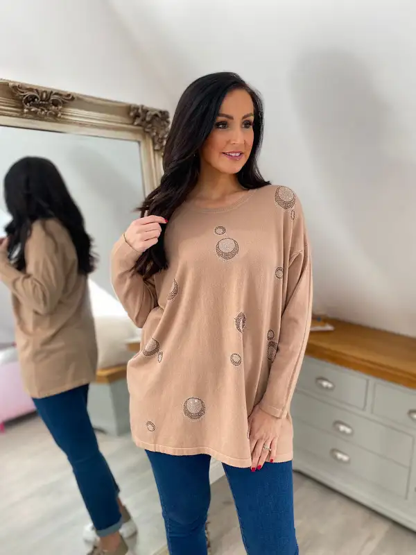 Camel Diamante Bubble Pattern Knit Rosie