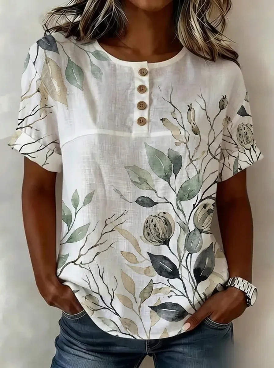 Women's Nashville Botanical Leaf Printed Button-Up Top