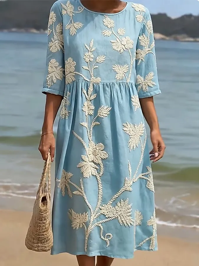 Women's Casual Round Neck Mid Sleeve Print Cotton and Linen Dress
