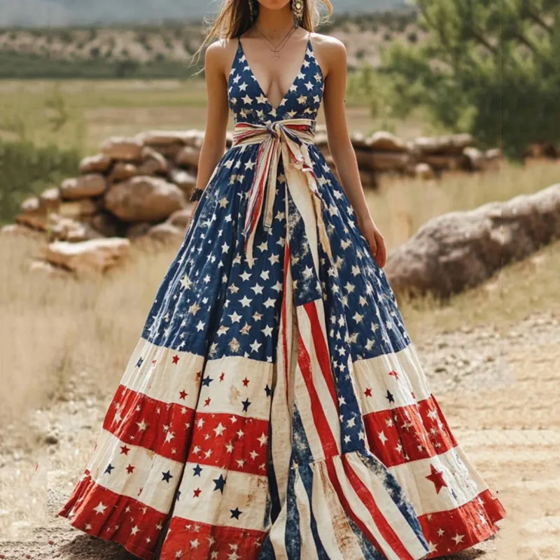 Women's Vintage Independence Day Flag V Neck Sleeveless Dress