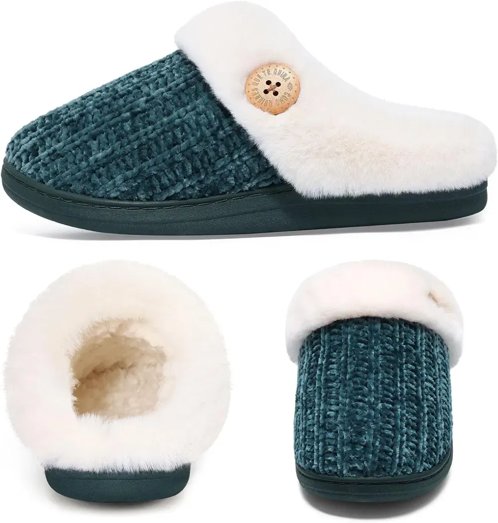 Warm Knit House Slippers for Women Comfy Wool-Like Lined Chenille Slippers with Memory Foam and Indoor Outdoor Soles