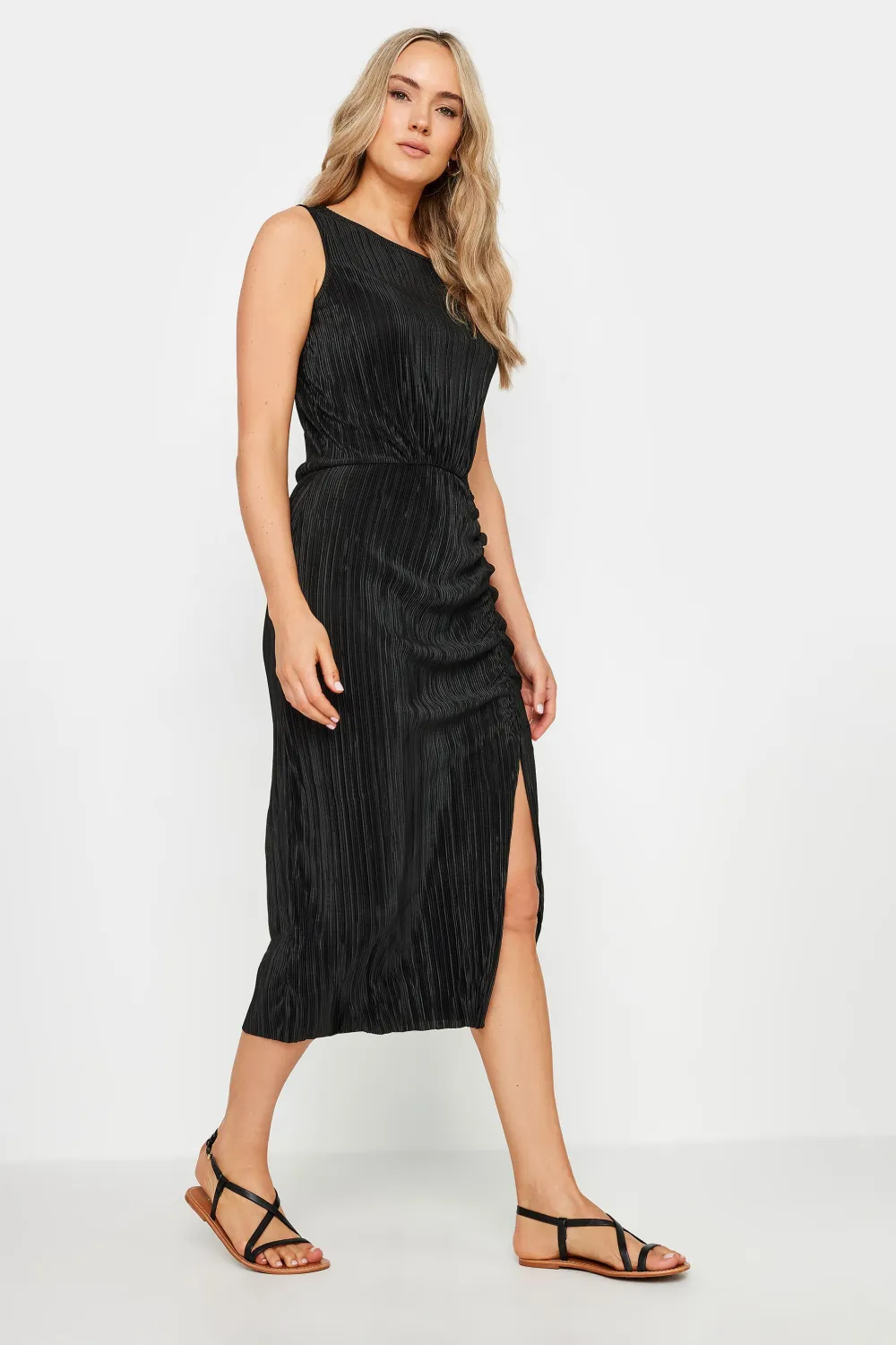 LTS Tall Black Plisse Sleeveless Midi Dress