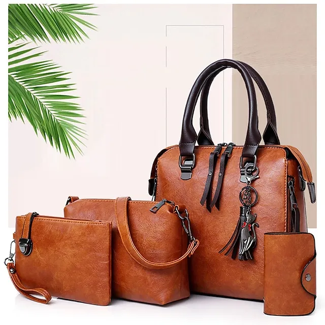 Boston Women's Handbag Set-PU Leather Shopping Bag-Zipper Adjustable Large Capacity Waterproof Bag-Set of 4