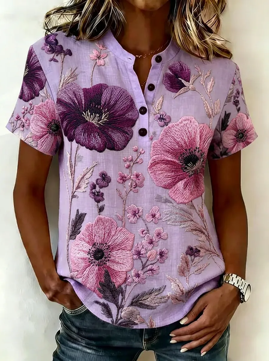 Women's Nashville Floral Embroidery Printed Henley Shirt