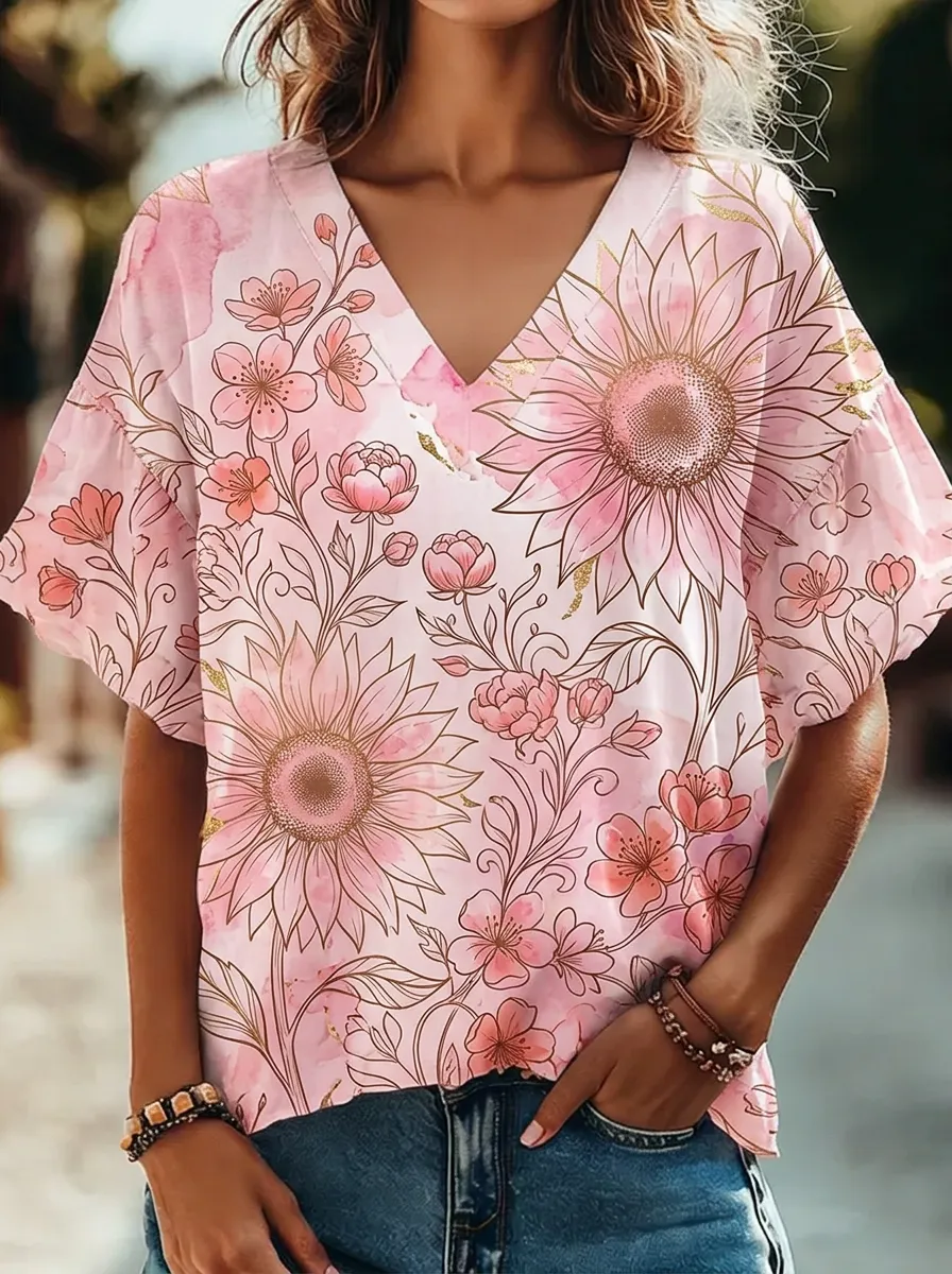 Women's Nashville Sunflower Floral Watercolor Printed V-neck Top