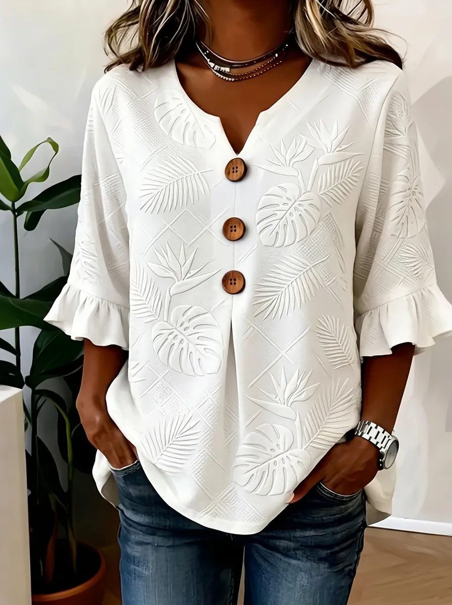 Women's Nashville Tropical Leaf Embossed Button-Down Ruffle Top