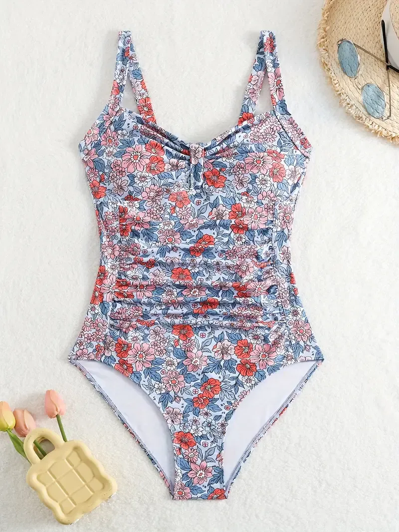 Chic Floral One-Piece Swimsuit for Women - Sexy V-Neck with Ruched Bust, High-Waisted, Tummy Control, Removable Pads, Stretch Polyester Fabric, Perfect for Beach & Poolside, Poolside Attire|Ruched Swimwear|Comfortable Knit Swimwear