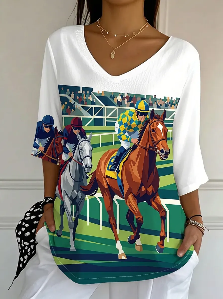 Women's Nashville Horse Racing Jockey Printed V-neck Top