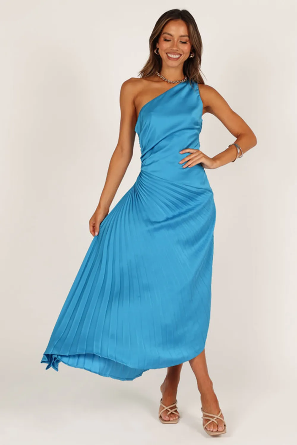 FLIN PLEATED ONE SHOULDER MIDI DRESS - BLUE
