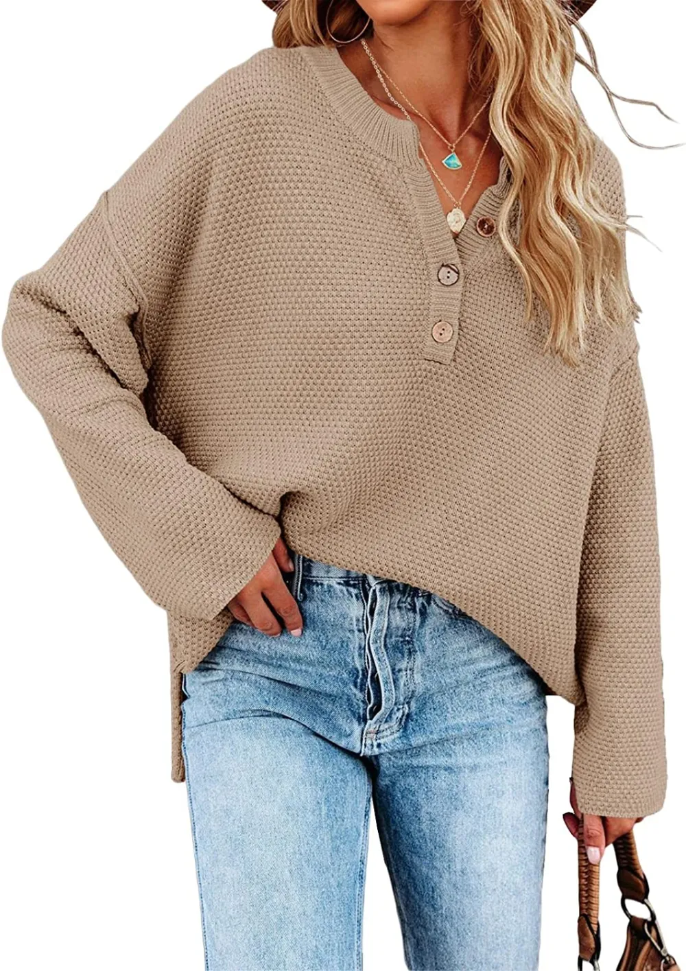 Women's Oversized Sweaters Batwing Long Sleeve Loose V Neck Button Henley Tops Pullover Knit Jumper