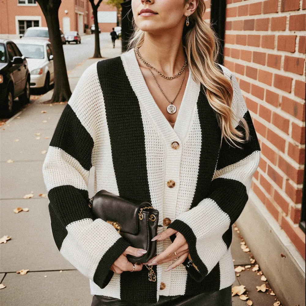 Contrast Color Striped Knitted Sweater Cardigan