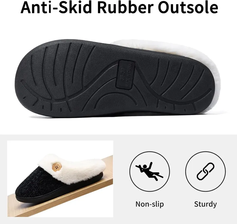 Warm Knit House Slippers for Women Comfy Wool-Like Lined Chenille Slippers with Memory Foam and Indoor Outdoor Soles
