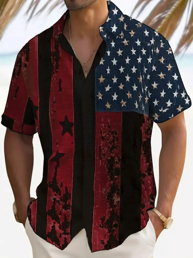Men's Independence Day Print Lapel Short Sleeve Shirt