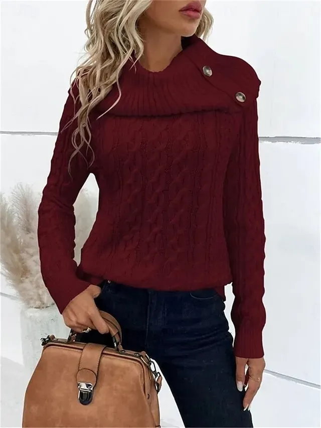 Women's Sweater Pullover Sweater Jumper Casual Soft Pure Color Ribbed Turtleneck Buttons Knitted Long Sleeve Regular Tops Knit Outdoor Daily Weekend Wine Khaki Fall Winter