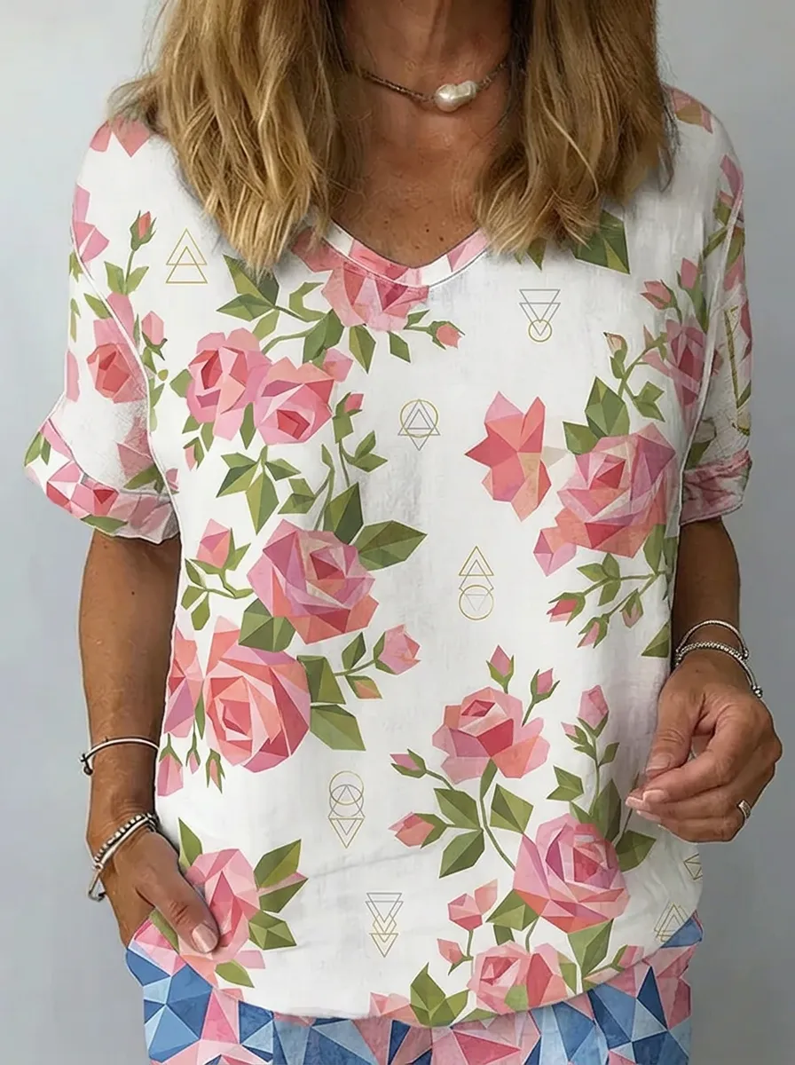 Women's Nashville Geometric Rose Floral Printed V-neck Top
