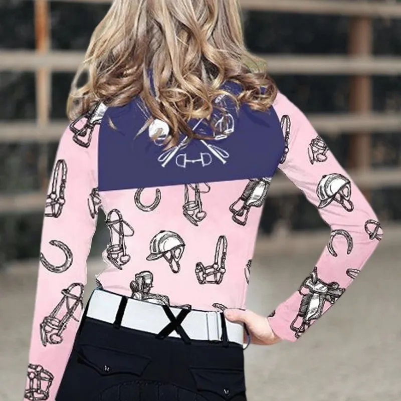 Horseshoes Women's Equestrian Style Harness Print Long Sleeve Casual Shirt