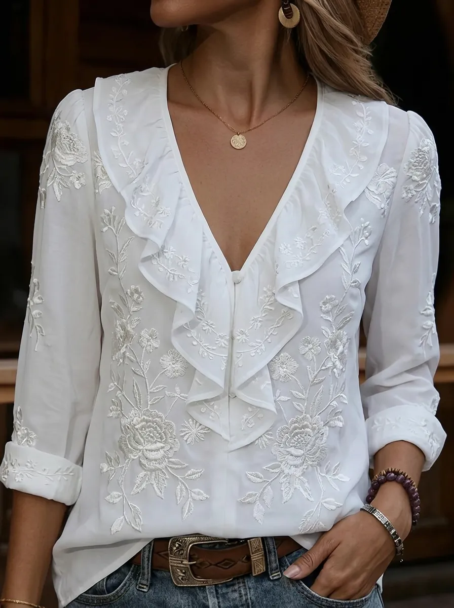 Women's Nashville Country Floral Embroidered Ruffle V-Neck Blouse