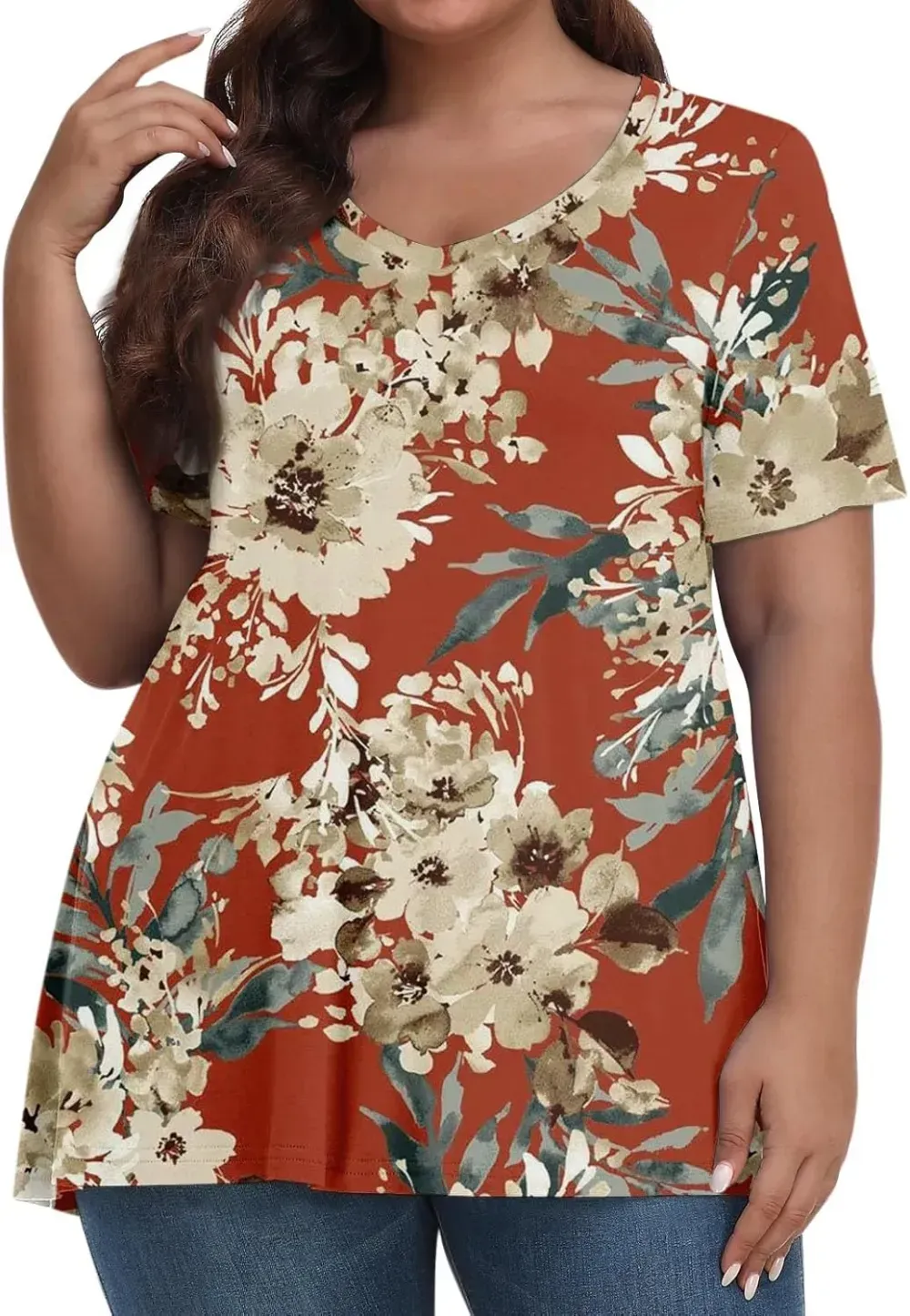 Plus Size Tops for Women Dressy Short Sleeve V Neck Shirts for Women Summer Tops for Women 2024 Floral Print Top