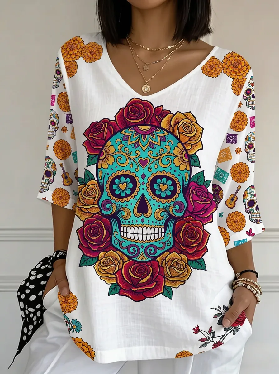 Women's Nashville Sugar Skull Floral Printed V-Neck Top
