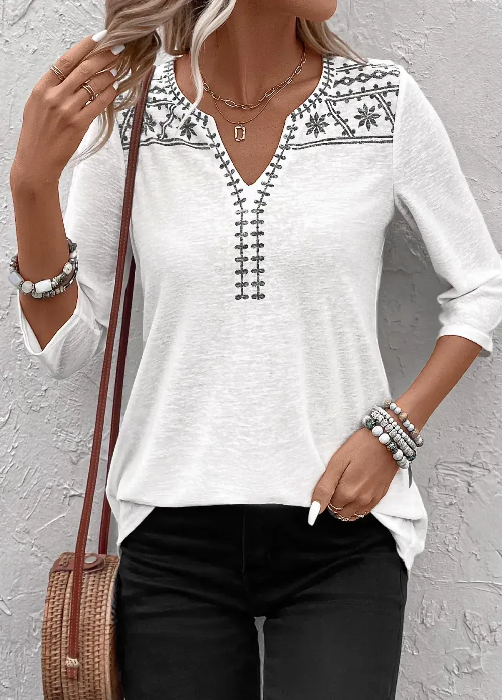 White Patchwork Floral Print 3/4 Sleeve Split Neck Blouse