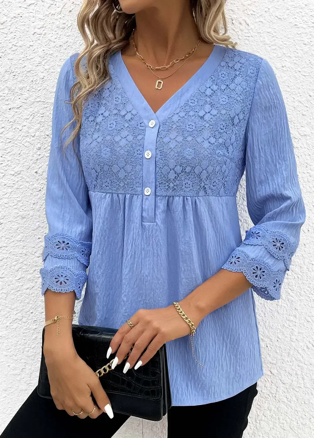 Blue Lace Long Sleeve V Neck Blouse