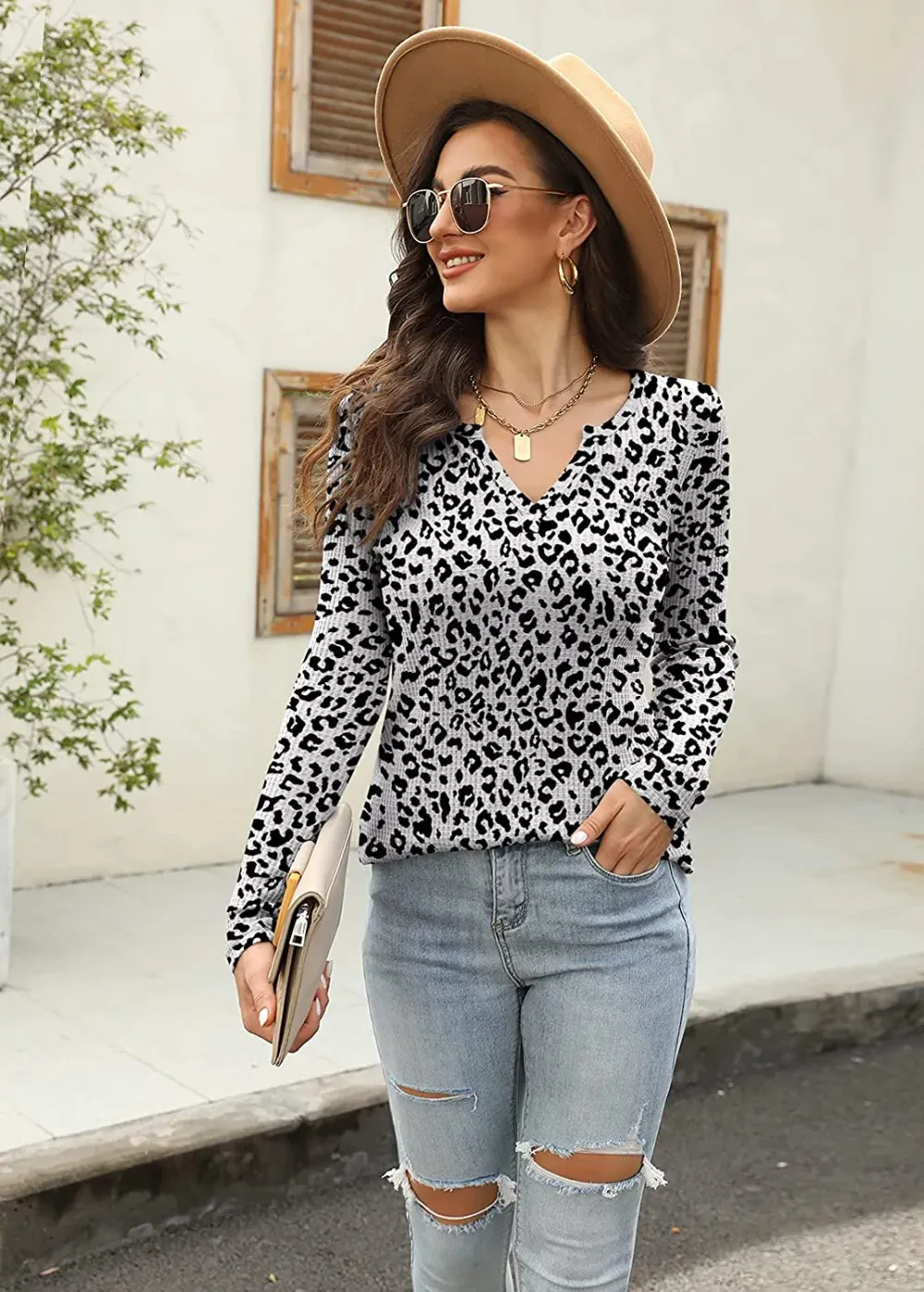 Women's V Neck Waffle Knit Henley Tops Casual Long Sleeve Pullover Sweater Blouses