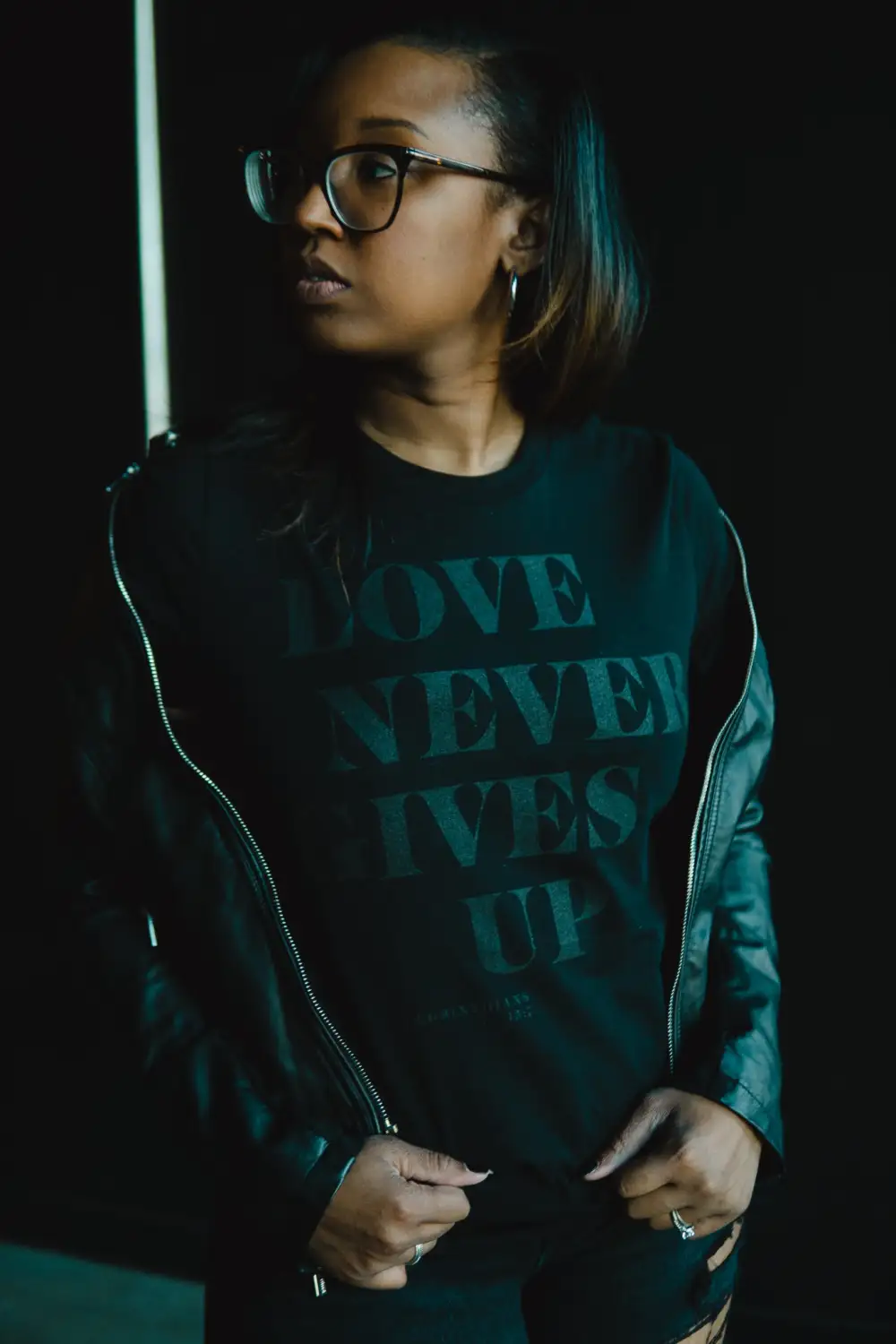 Love Never Gives Up (Blkonblk) Adult Box T-Shirt