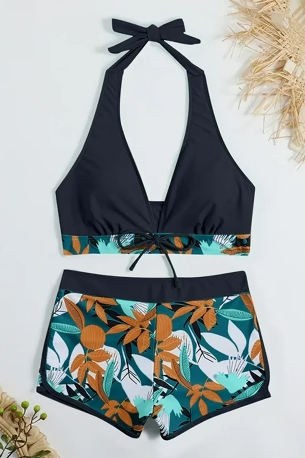 Sexy padded printed high-waisted patchwork swim trunks set