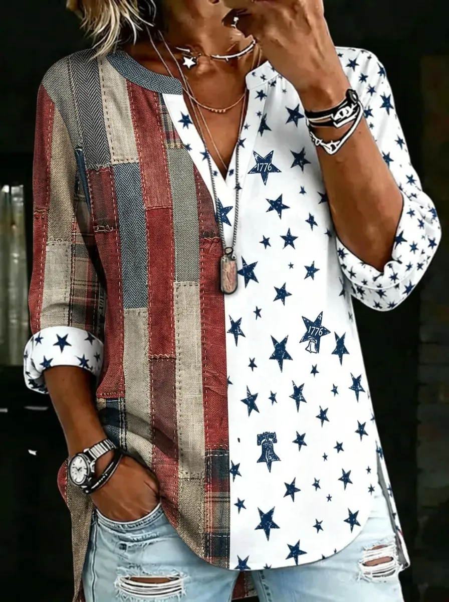 Women's Nashville USA Flag Star 1776 Printed V-neck Top
