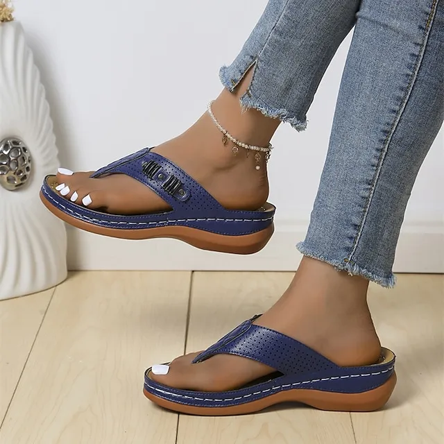 Women's Flip-Flops Flip-Flops Wedge Heel Open Toe Casual PU Leather Loafer Black Blue Brown