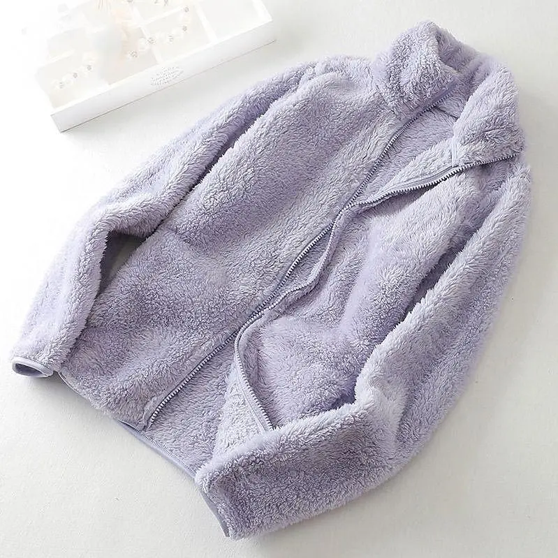 Women's Fleece Cardigan Stand-up Collar Jacket Thick Warm