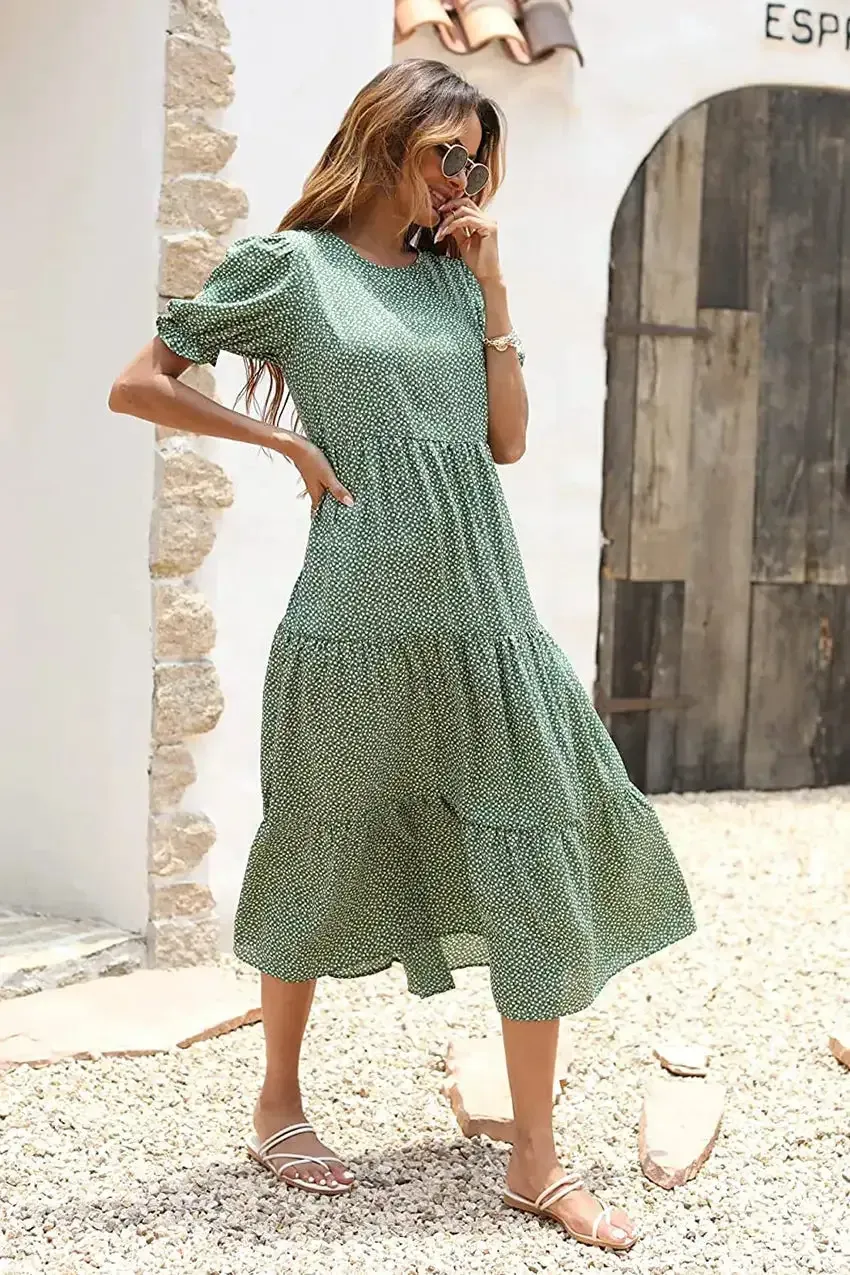 Floral Print Ruffle Puff Sleeve High Waist Midi Dresses
