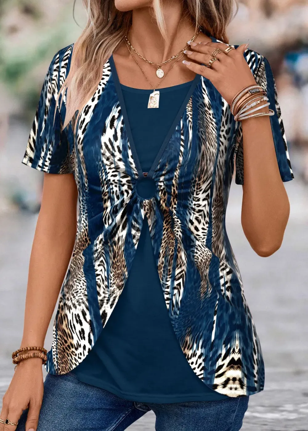 Peacock Blue Fake 2in1 Leopard T Shirt