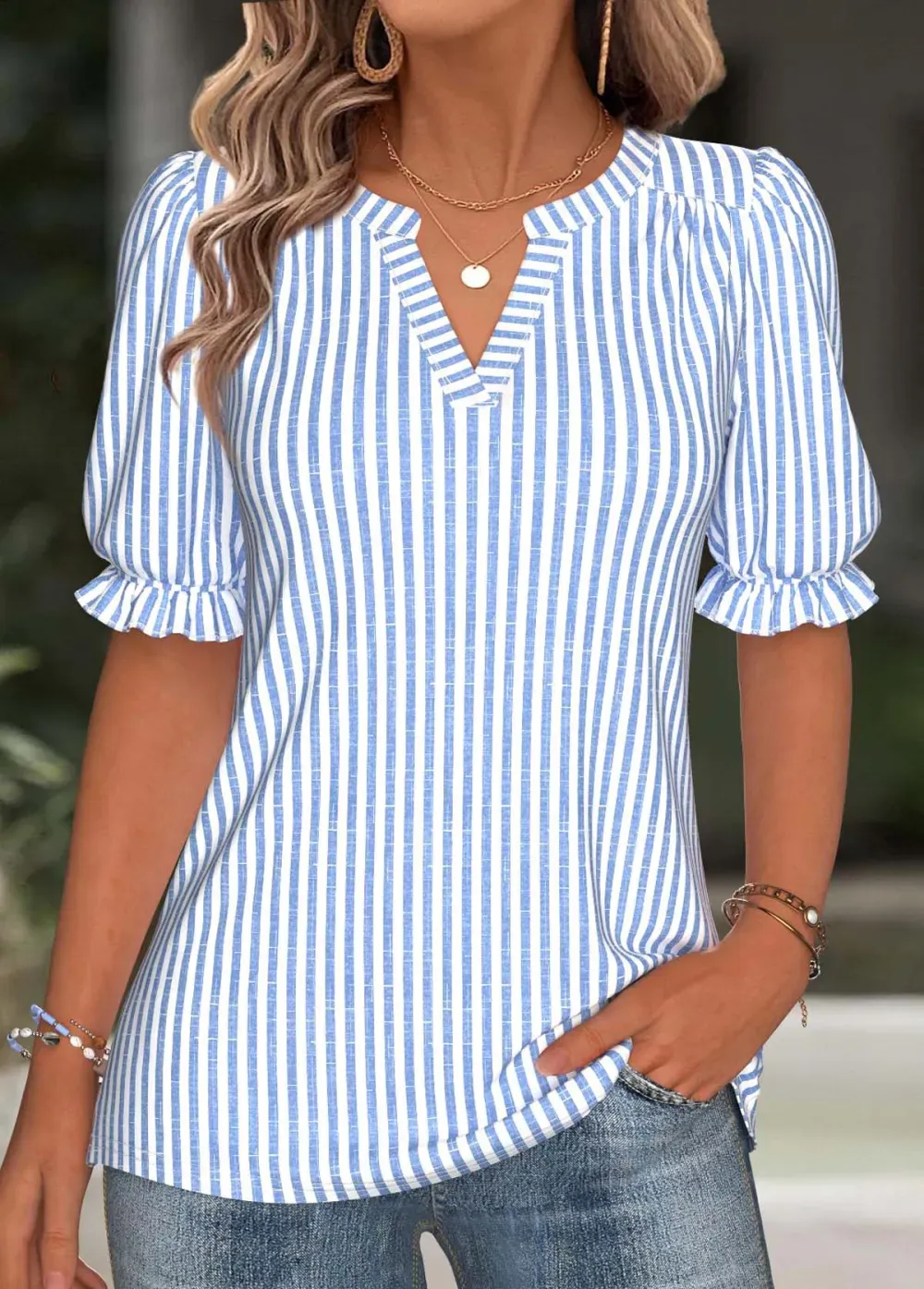 Blue Split Striped Short Sleeve Blouse