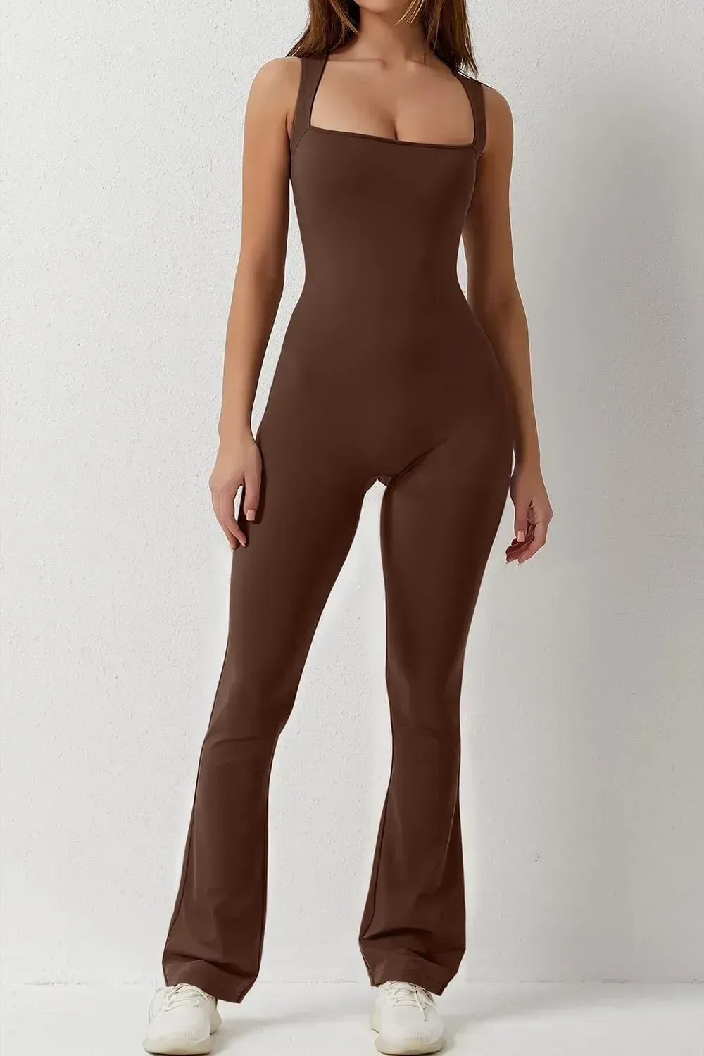 Flare Jumpsuits for Women Strappy Square Neck Bodycon Full Length Long Pants Casual Playsuit