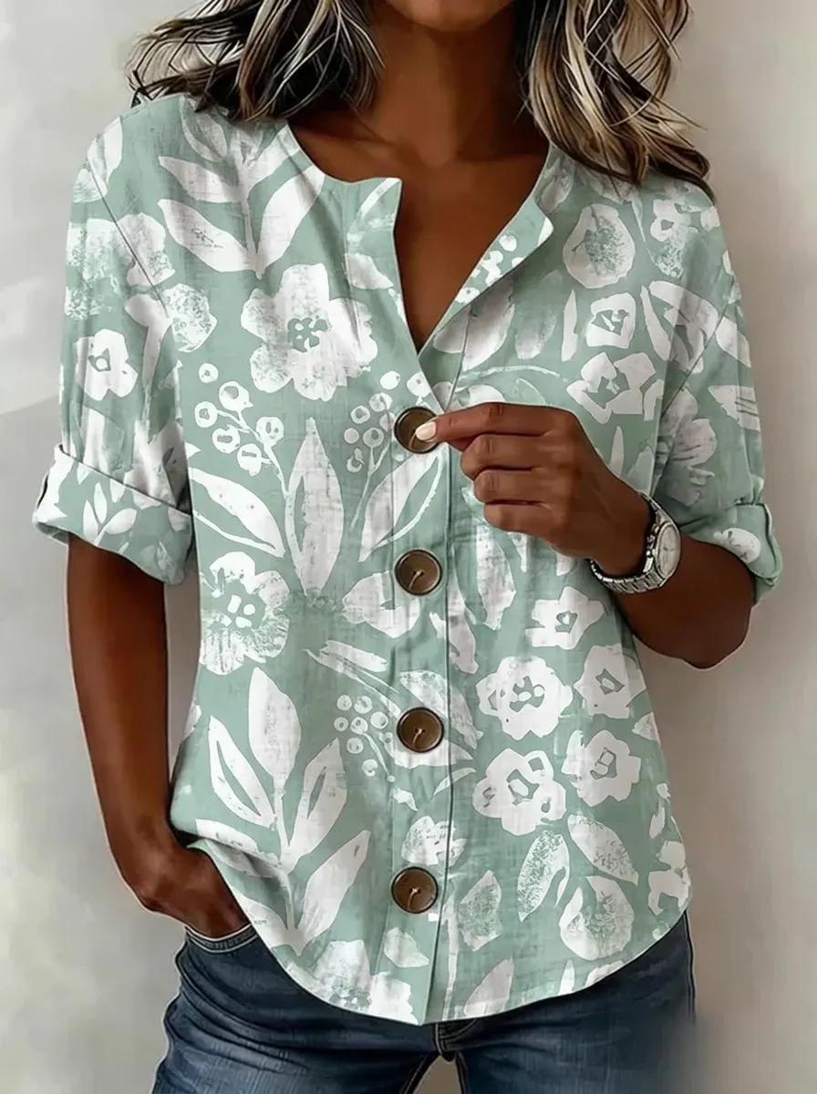 Women's Nashville Floral Botanical Printed Button-Down Shirt