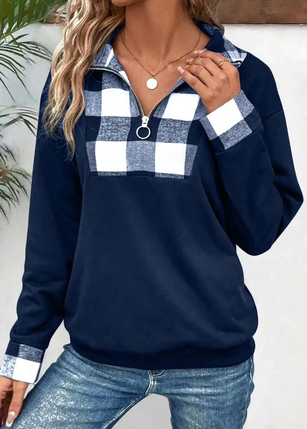 Navy Patchwork Plaid Long Sleeve Turn Down Collar Sweatshirt