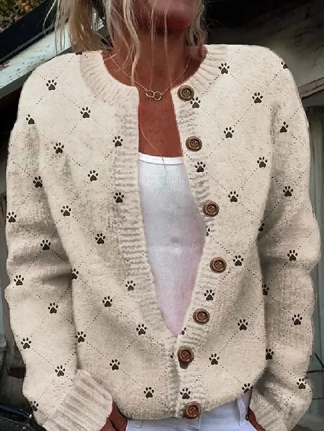 Women's Sweater Daily Graphic Crew Neck Print Long Sleeve Regular Tops Knit Weekend Beige Fall Winter