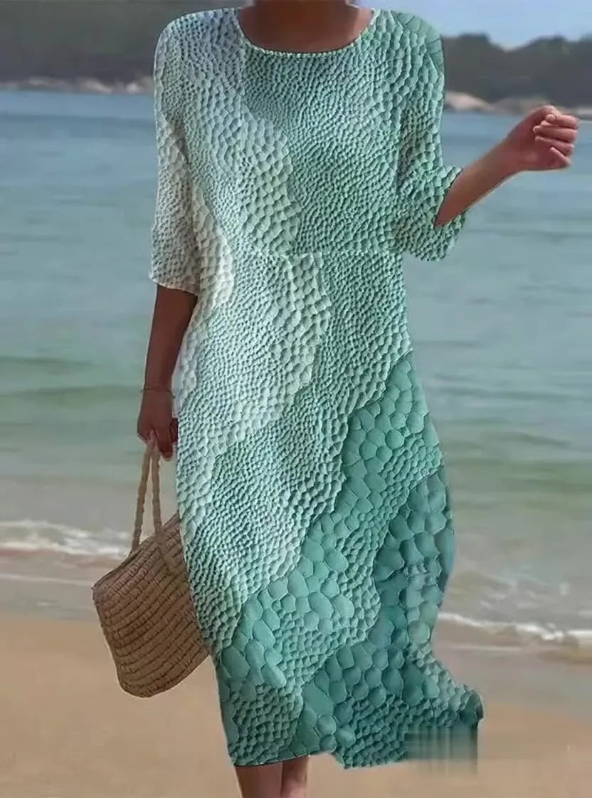 Women's Casual Round Neck Mid Sleeve Print Cotton and Linen Dress