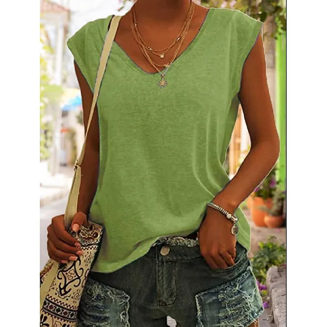Women‘s Blouse T shirt Tee Basic Plain Daily V Neck Sleeveless Regular Summer Green White Black Blue Pink
