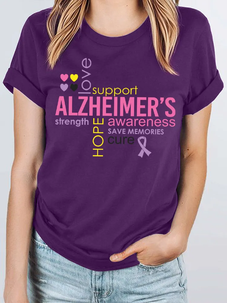 Women'S Love Support Alzheimer'S Strength Hope Awareness Save Memories Cure Round-Neck Short-Sleeved T-Shirt