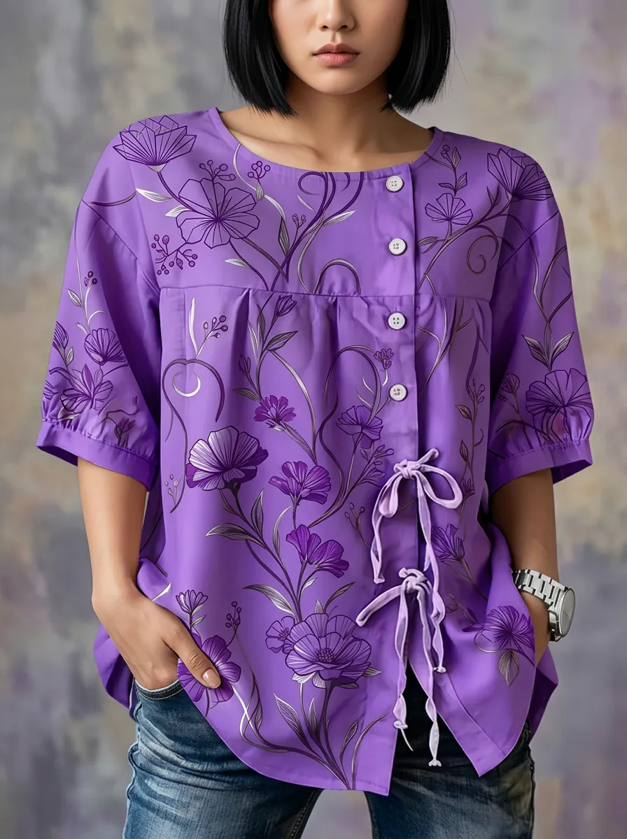 Women's Nashville Floral Botanical Printed Button-Down Blouse